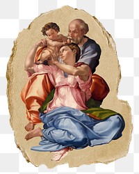 The holy family png sticker, Michelangelo-inspired artwork, transparent background, ripped paper badge, remixed by rawpixel