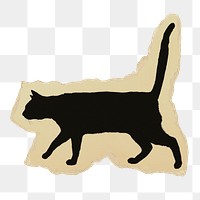 Cat silhouette png sticker, ripped paper, transparent background