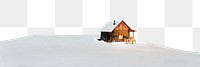Winter cabin png border, snowy land image, transparent background