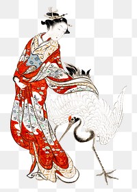 Japanese woman png with crane on transparent background.    Remastered by rawpixel. 