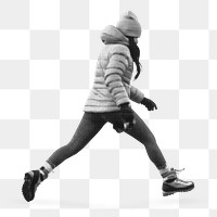 Png woman photographer walking sticker, greyscale photo, transparent background