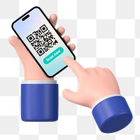 Hands png scanning QR code smartphone, 3D graphic, transparent background