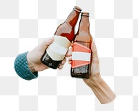 Hands cheering beer bottles png sticker, transparent background