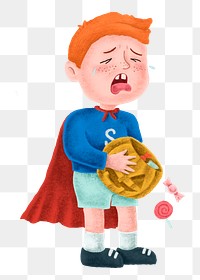 Crying boy png sticker, Halloween superhero costume, transparent background