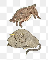 Wild boar png buffalo sticker, Japanese animal on transparent background by Utagawa Hiroshige. Remastered by rawpixel.