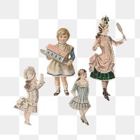 Victorian girls png with toys sticker, transparent background. Remastered by rawpixel.