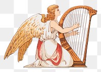 PNG Angel playing harp, vintage illustration, transparent background.  Remixed by rawpixel. 