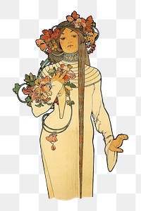 Alfons Mucha' woman png chromolithograph art, transparent background. Remixed by rawpixel. 