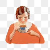 Vintage woman png drinking tea, chromolithograph art, transparent background. Remixed by rawpixel. 