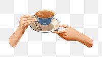 PNG vintage hand holding teacup, chromolithograph art, transparent background. Remixed by rawpixel. 