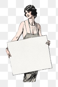 Vintage woman png holding sign, chromolithograph art, transparent background. Remixed by rawpixel. 