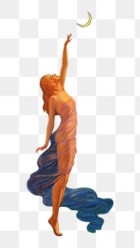 Edward Mason Eggleston's woman png reaching to the moon chromolithograph art, transparent background. Remixed by rawpixel. 