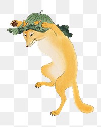 PNG Ohara Koson's Dancing Fox with Lotus-leaf Hat, animal illustration, transparent background. Remixed by rawpixel.
