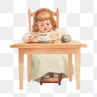 Vintage girl png eating lunch, transparent background. Remixed by rawpixel.