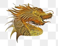 Gold dragon statue png, transparent background