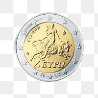 Greece 2 Euro coin png, transparent background