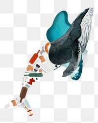 Swimming whale with garbage png, ocean pollution illustration, transparent background