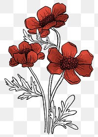 Red flower branch png element, transparent background