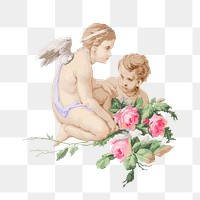 Vintage cherubs png with flower illustration on transparent background. Remixed by rawpixel.