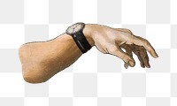 Hand wearing watch png, vintage illustration on transparent background, inspired by the Creation of Adam, artwork of Michelangelo Buonarroti