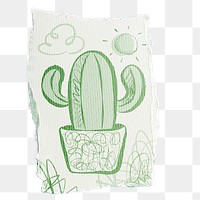 Cactus png doodle sticker, aesthetic ripped paper design on transparent background