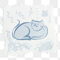 Sitting cat png doodle sticker, aesthetic ripped paper design on transparent background