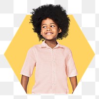 African boy png badge sticker, person in hexagon badge, transparent background
