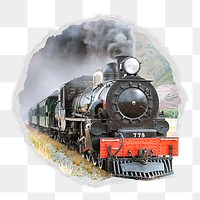 Vintage train png sticker, transportation photo in torn paper badge, transparent background