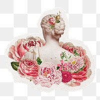 Rose flowers png sticker, Greek woman mixed media, digital collage art in transparent background