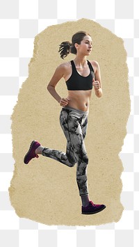 Jogging woman png sticker, ripped paper, transparent background
