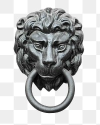 Png lion door knocker sticker, transparent background