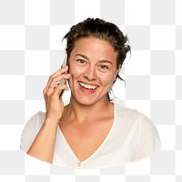 Png happy woman on phone sticker, transparent background