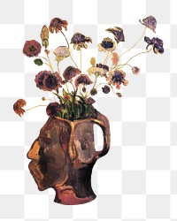 Png Still Life with Head-Shaped Vase and Japanese Woodcut on transparent background, Paul Gauguin's vintage illustration, remixed by rawpixel