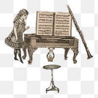 Girl with piano png sticker, transparent background. Remastered by rawpixel.