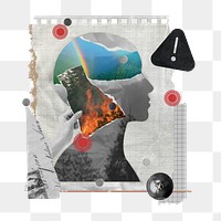 Global warming png sticker, note paper collage art with human head silhouette on transparent background