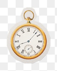 PNG vintage pocket watch sticker with white border, transparent background