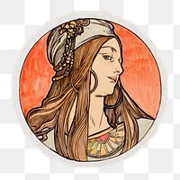 PNG Mucha's Art nouveau woman sticker with white border, transparent background , artwork remixed by rawpixel.