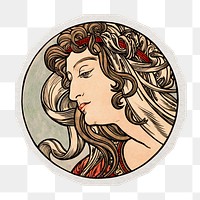 PNG Mucha's Art nouveau woman sticker with white border, transparent background , artwork remixed by rawpixel.