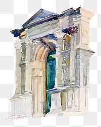 Venetian architecture png watercolor illustration element, transparent background. Remixed from Donald Shaw Maclaughlan artwork, by rawpixel.