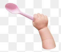 Png baby holding pink spoon, transparent background