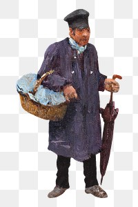 Man holding basket png, vintage illustration by Jean Beraud, transparent background. Remixed by rawpixel.