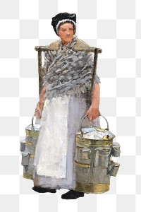 Vintage woman png carrying water buckets by George Clausen, transparent background. Remixed by rawpixel.