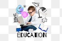 Education word png, boy using laptop remix, transparent background