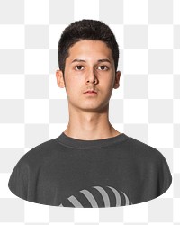 Png boy in black printed sweater, transparent background