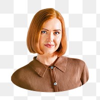 PNG cheerful ginger-haired woman in brown shirt, collage element, transparent background