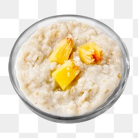 PNG 1/4 cooked oatmeal topped with 3 peach cubes (1/2 oz eq grains), collage element, transparent background.