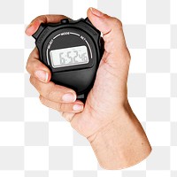 PNG Closeup of hand holding stop watch, collage element, transparent background