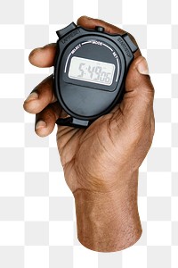 PNG Closeup of hand holding stop watch, collage element, transparent background