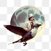 Vintage man riding bird png illustration, transparent background. Remixed by rawpixel.