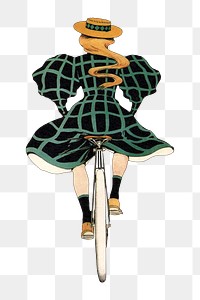 PNG vintage woman riding bicycle, chromolithograph art, transparent background. Remixed by rawpixel. 